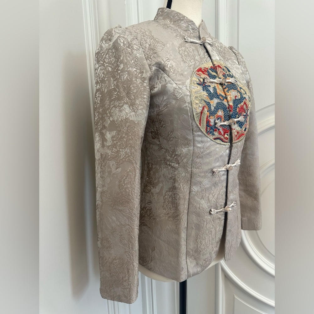 Miniye Chinese Style Jacket in Cream/Silver Brocade with Rich Embroidery - Picture 3 of 4